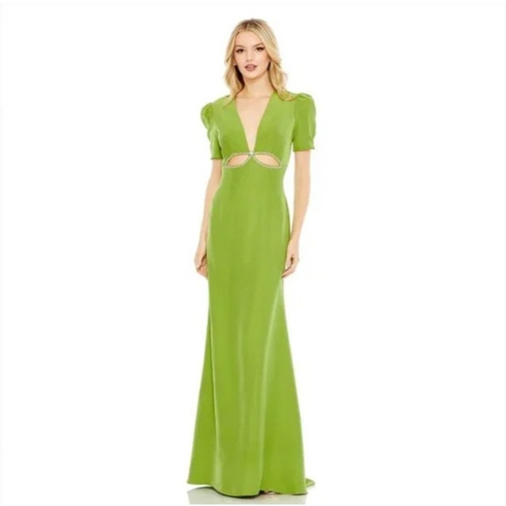 NWT Ieena Mac Duggal Plunge Neck Puff Sleeve Cut Out Gown Green Apple 2630 Sz 2